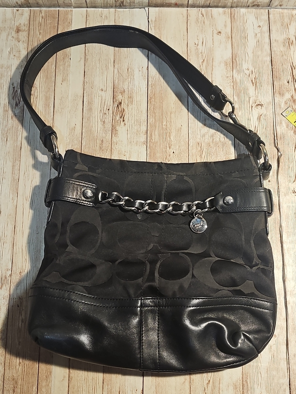 Coach Black Signature Chain-Accent Shoulder Bag